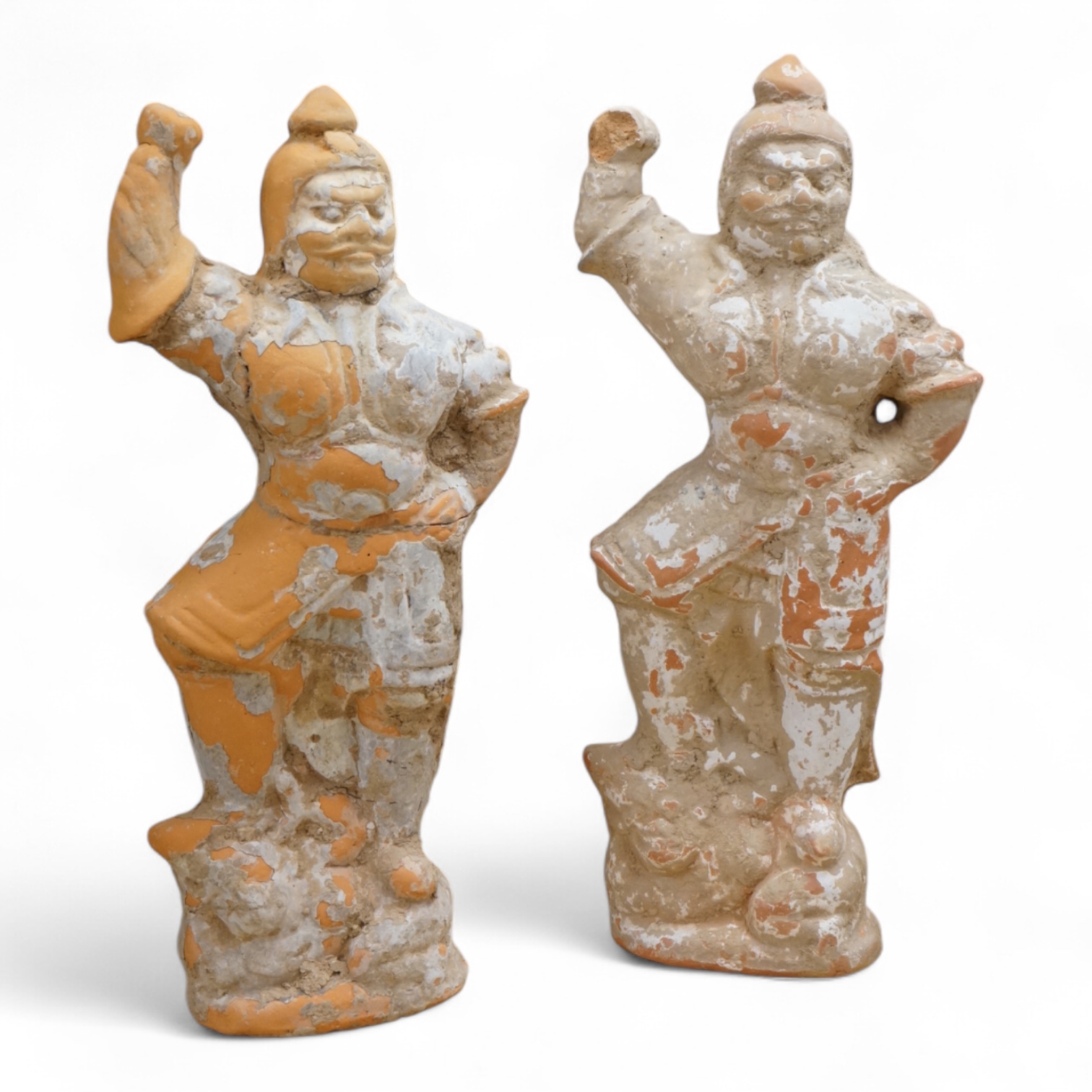 Two Chinese painted terracotta warrior figures, Tang dynasty or later. Tallest 39cm . Condition - some damage to hand